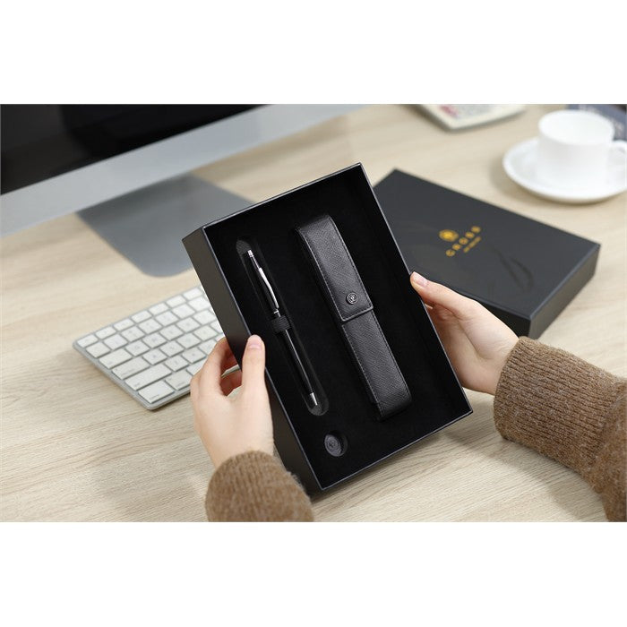 Cross Classic Century Black Lacquer Ballpoint Pen with Classic Black Magnetic Saffiano Leather Single Pen Case Gift Set Bundle
