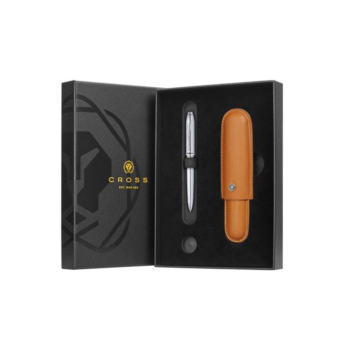 Cross Townsend Lustrous Chrome Ballpoint Pen with Mocha Cigar Style Saffiano Leather Single Pen Case Gift Set Bundle