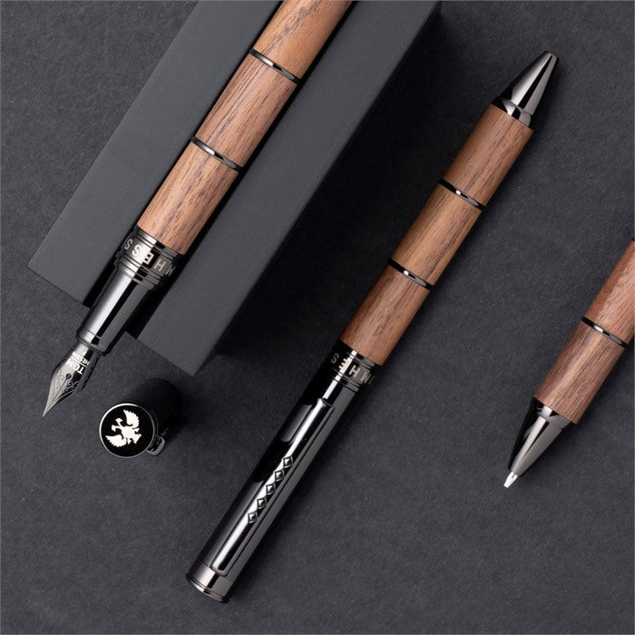 Tom Hessin Revolution Collection Rustic Fountain Pen With Wooden Barrel, Gunmetal Trim & PVD Extra Fine Nib