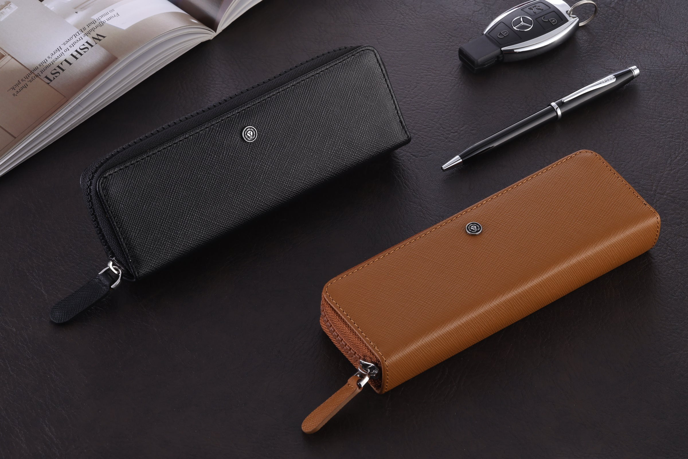 Cross Century II Lustrous Chrome Ballpoint Pen with Mocha Zippered Saffiano Leather Double Pen Case Gift Set Bundle