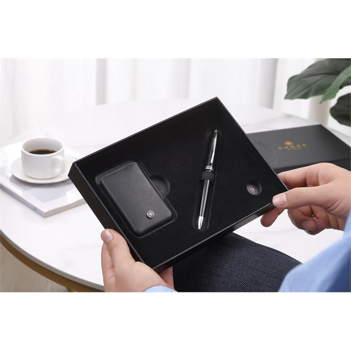 Cross Tech2 Satin Black Pen with Classic Black Saffiano Leather Magnetic Card Holder Gift Set Bundle