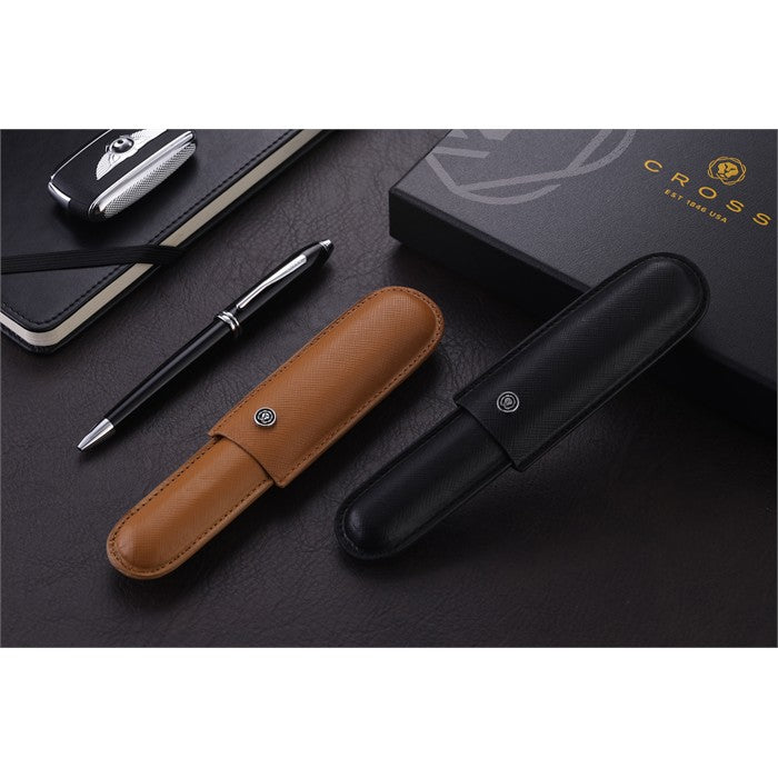 Cross Townsend Lustrous Chrome Ballpoint Pen with Mocha Cigar Style Saffiano Leather Single Pen Case Gift Set Bundle