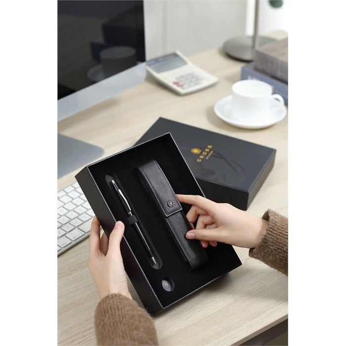 Cross Classic Century Black Lacquer Ballpoint Pen with Classic Black Magnetic Saffiano Leather Single Pen Case Gift Set Bundle