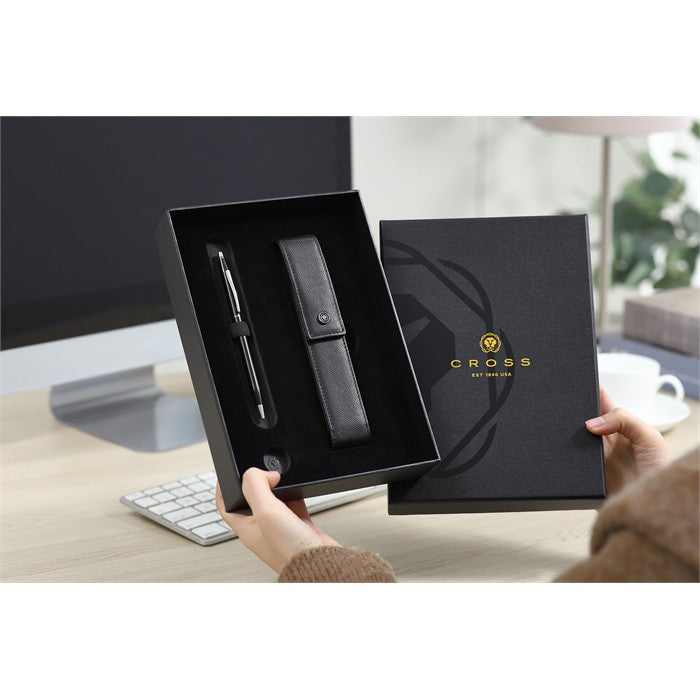 Cross Classic Century Black Lacquer Ballpoint Pen with Classic Black Magnetic Saffiano Leather Single Pen Case Gift Set Bundle