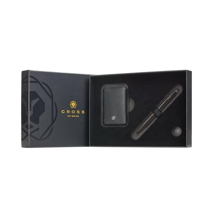 Cross Tech2 Satin Black Pen with Classic Black Saffiano Leather Magnetic Card Holder Gift Set Bundle