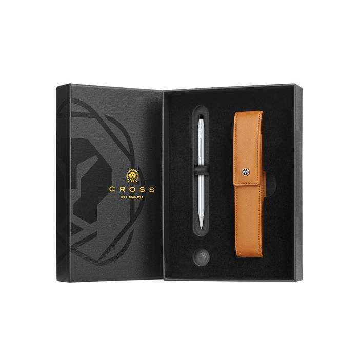 Cross Classic Century Lustrous Chrome Ballpoint Pen with Mocha Magnetic Saffiano Leather Single Pen Case Gift Set Bundle