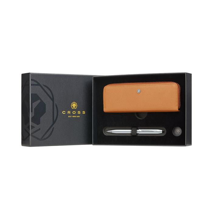 Cross Century II Lustrous Chrome Ballpoint Pen with Mocha Zippered Saffiano Leather Double Pen Case Gift Set Bundle