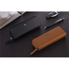 Cross Century II Lustrous Chrome Ballpoint Pen with Mocha Zippered Saffiano Leather Double Pen Case Gift Set Bundle