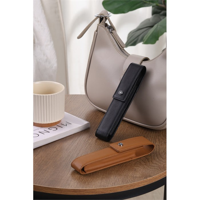 Cross Classic Century Lustrous Chrome Ballpoint Pen with Mocha Magnetic Saffiano Leather Single Pen Case Gift Set Bundle