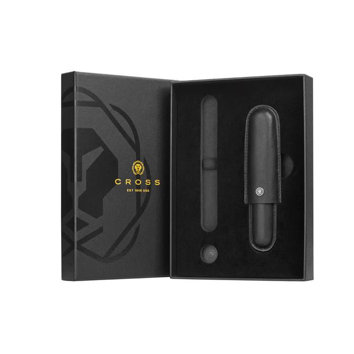 Cross Classic Black Cigar Style Saffiano Leather Single Pen Case + Empty Pen Slot Gift Set Bundle