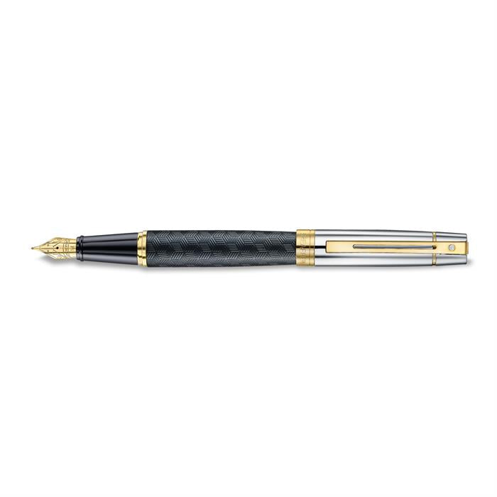 Sheaffer 300 E9347 Engraved Matt Black Barrel and Shiny Chrome Cap, PVD Gold Trims Fountain Pen - Fine