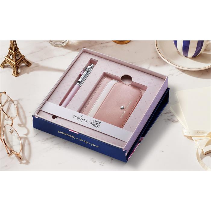 Sheaffer Sentinel Emily in Paris Gift Set E321 Pink Matte Finish Ballpoint Pen with Chrome Trims and Full-Grain Leather Credit Card Holder