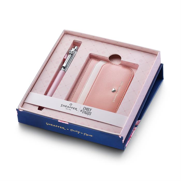 Sheaffer Sentinel Emily in Paris Gift Set E321 Pink Matte Finish Ballpoint Pen with Chrome Trims and Full-Grain Leather Credit Card Holder