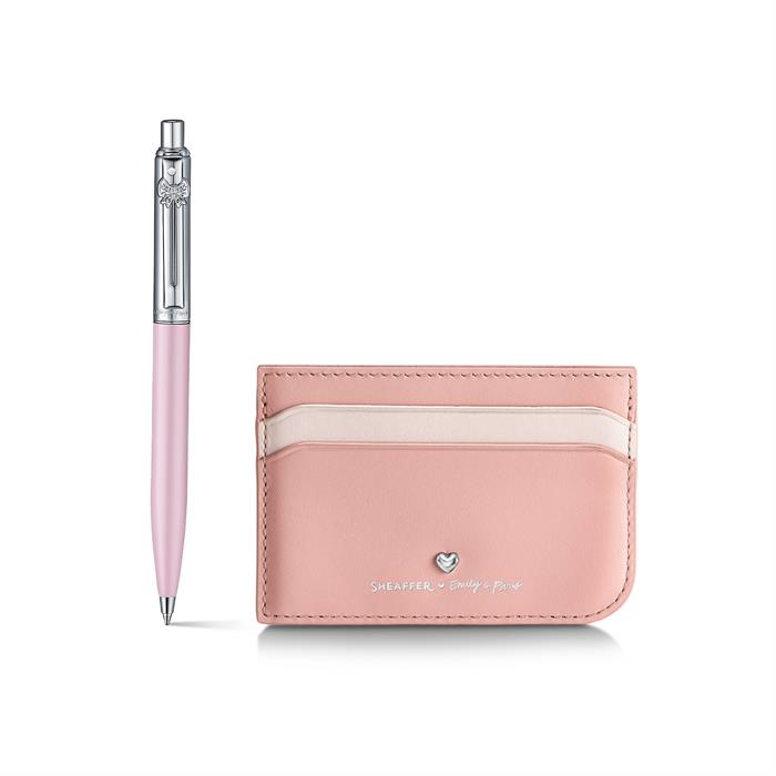 Sheaffer Sentinel Emily in Paris Gift Set E321 Pink Matte Finish Ballpoint Pen with Chrome Trims and Full-Grain Leather Credit Card Holder