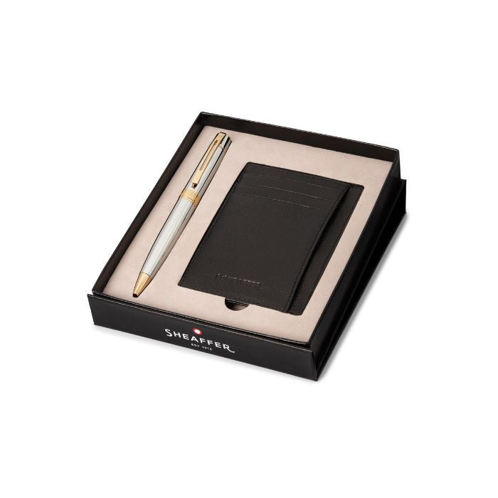 Sheaffer 300 G9342 Bright Chrome With Gold Tone Trims Ballpoint Pen With Credit Card Holder