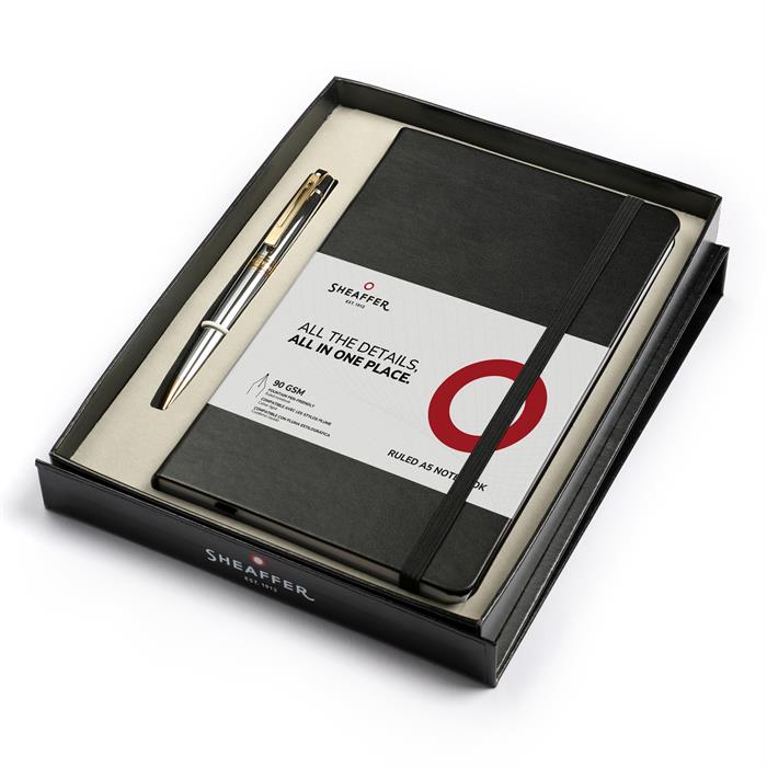 Sheaffer 300 E9342 Bright Chrome With Gold Tone Trims Ballpoint Pen with A5 Notebook In Black Giftbox
